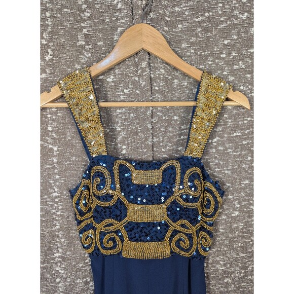 Vintage Alyce Designs Sequin Blue Prom‎ Cocktail Dress Gold Beading Size 4 - Picture 4 of 12